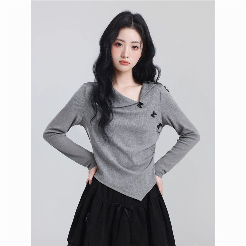 韩系甜辣灰色Polo翻领设计蝴蝶结长袖T恤女秋冬新款修身显瘦上衣