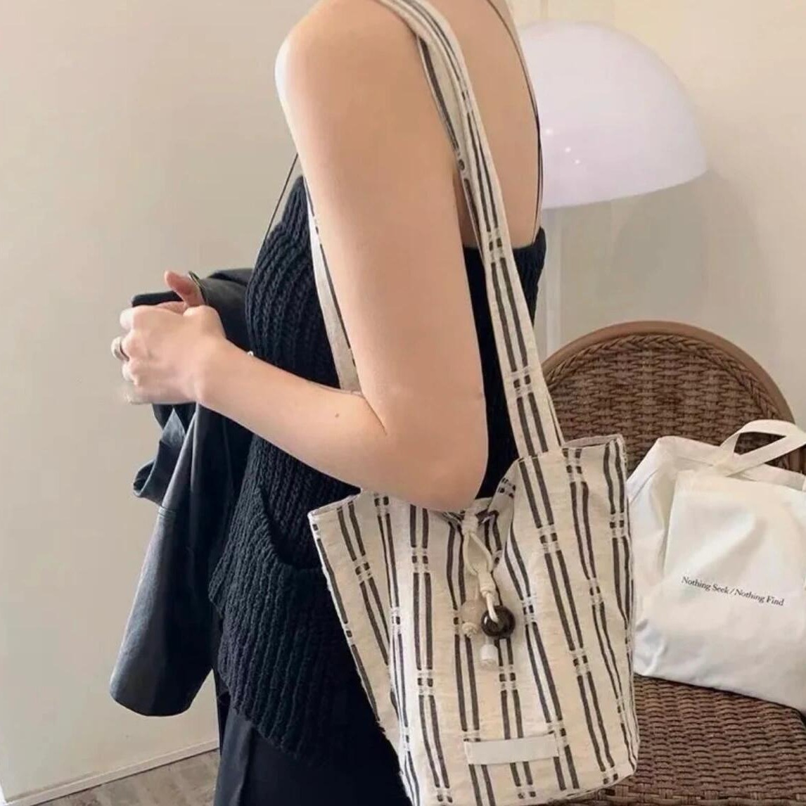 夏季情书亚麻棉条纹清爽新中式出门旅行上课帆布托特水桶包单肩包