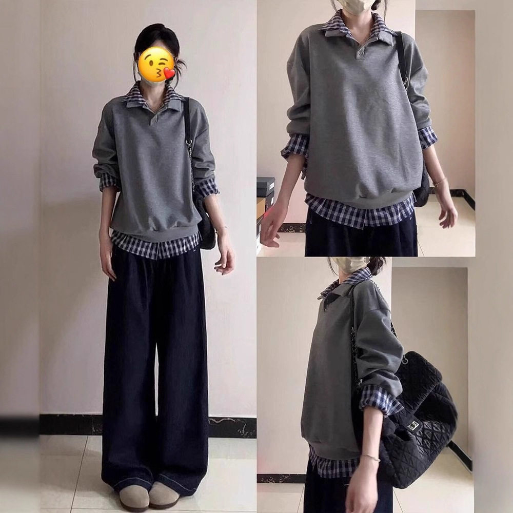 韩系假两件格子拼接灰色polo领卫衣女加绒设计感小众宽松休闲上衣