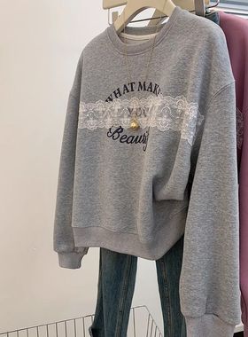 灰色无帽圆领短款套头卫衣女士小个子设计感宽松显瘦正肩加绒加厚