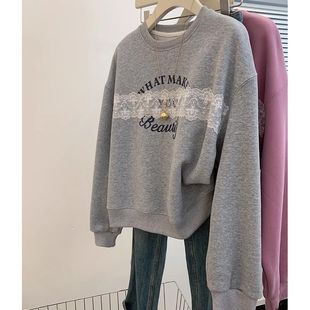 灰色无帽圆领短款套头卫衣女士小个子设计感宽松显瘦正肩加绒加厚