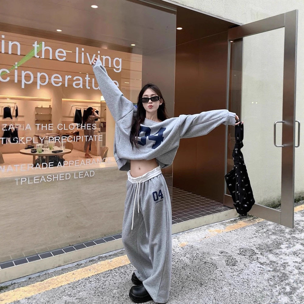 美式复古印花露肩长袖卫衣运动套装女秋季休闲阔腿裤子灰色两件套