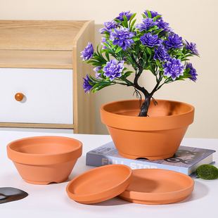 日式杜鹃盆红枫长寿梅铝丝盆景陶土透气五针松红陶盆浅盆透常滑烧