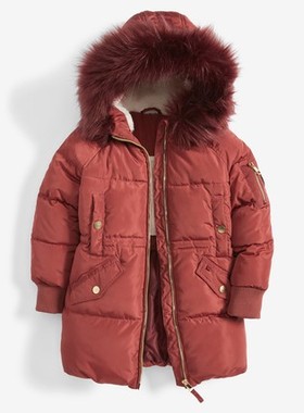 英国NE*T女大童暗红色连帽加绒加厚中长款防水保暖棉服3-15岁