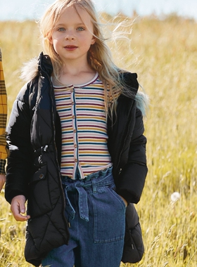 英国NE*T女大童亮黑色加厚加绒中长款连帽棉服3-15岁