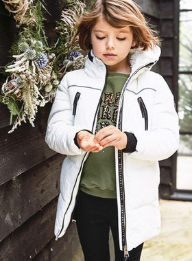 英国NE*T3-8岁女童乳白色加绒加厚中长款防水保暖连帽棉服