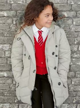 英国NE*T女童棉服浅灰色长毛帽子羊羔绒加厚长款大童棉服3-12岁