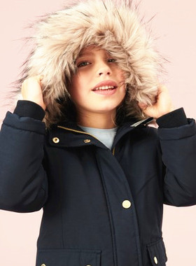 英国NE*T女大童深海军蓝色连帽加厚中长款收腰防水棉服