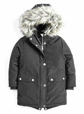 小S的店NE*T女大童黑色连帽加绒加厚中长款收腰防水棉服3-12岁