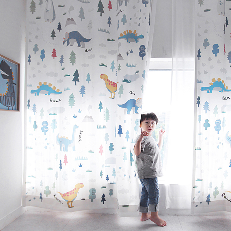 ins北欧风儿童房男孩卧室韩式客厅飘窗短帘遮光成品窗帘恐龙世界