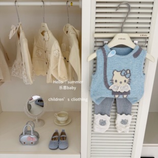 【乐恩baby】小清新！2026秋季新款女童蓝色KT背心马甲打底裤套装