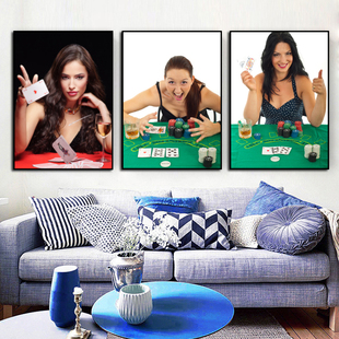 纸牌装饰画桌游棋牌室圆形挂画德州扑克名人明星订制赌场画可定做