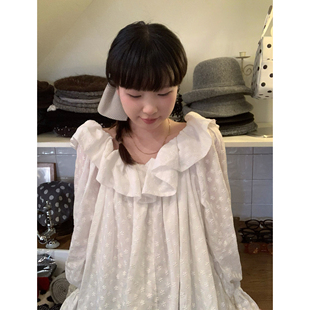 裙 奶白梨花小花朵荷叶领减龄度假宽松衬衫 一只豌豆 100％纯棉