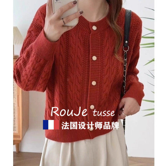 Rouje tusse红色麻花针织开衫羊毛外套女秋冬款修身打底羊绒上衣