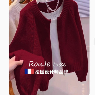 Rouje tusse新年红色羊绒针织开衫女秋冬新款加厚羊毛衣短款外套