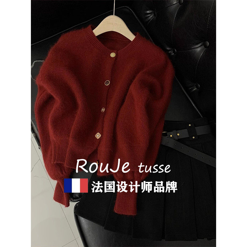 Rouje tusse小香风酒红色羊毛针织开衫女秋冬短款羊绒毛衣外套潮