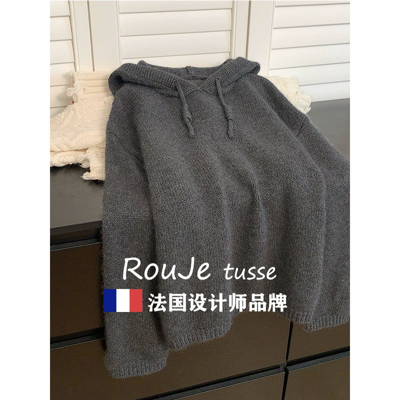 法国Rouje tusse灰色套头连帽毛衣女慵懒风春秋季羊毛针织衫卫衣,女装/女士精品,毛衣,淘宝优惠券,粉丝福利购,淘宝优惠卷