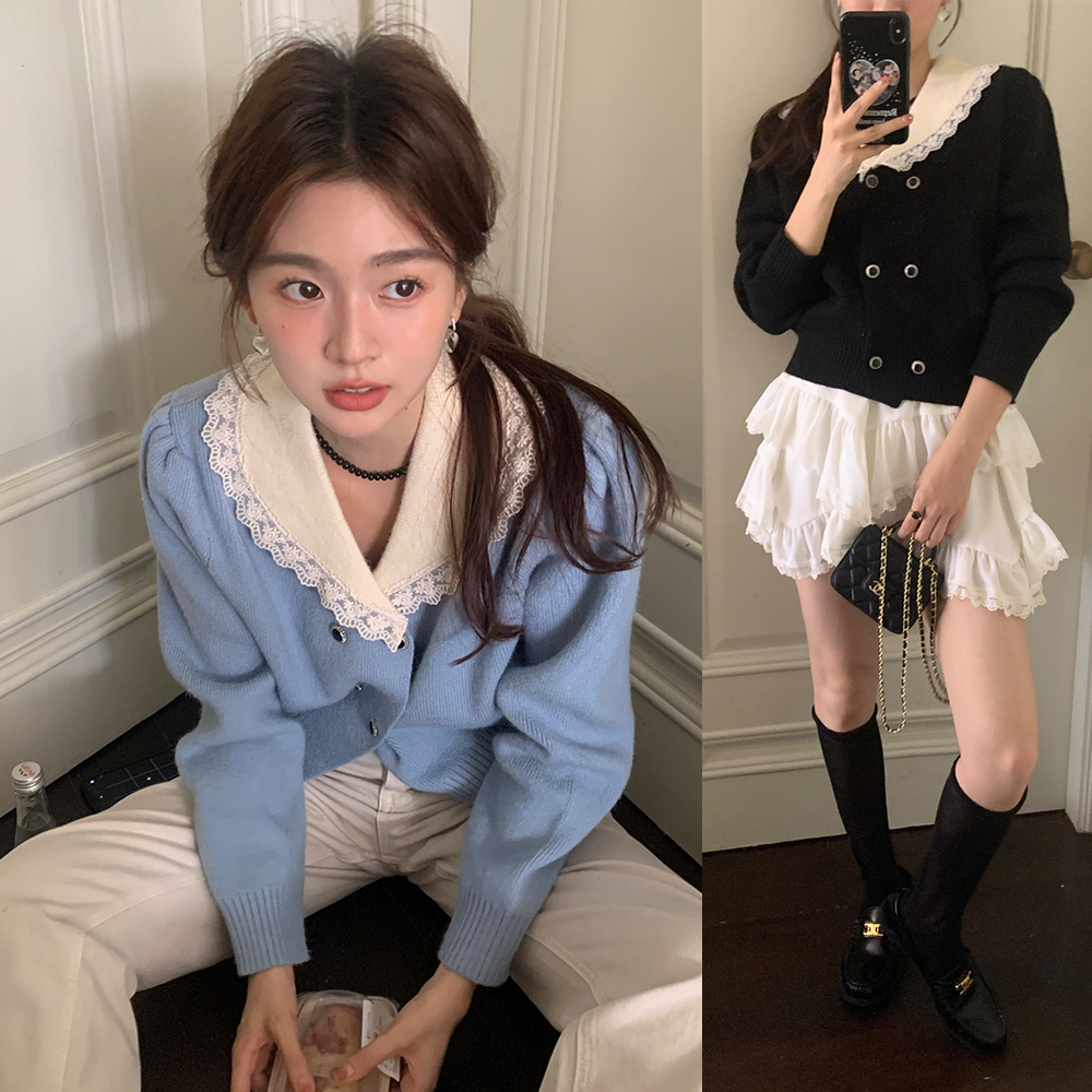 撞色拼接娃娃领双排扣针织毛衣