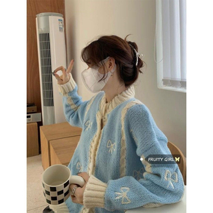 FRUITY韩国chic重工刺绣软糯温柔毛衣女慵懒甜美蓝色宽松针织开衫