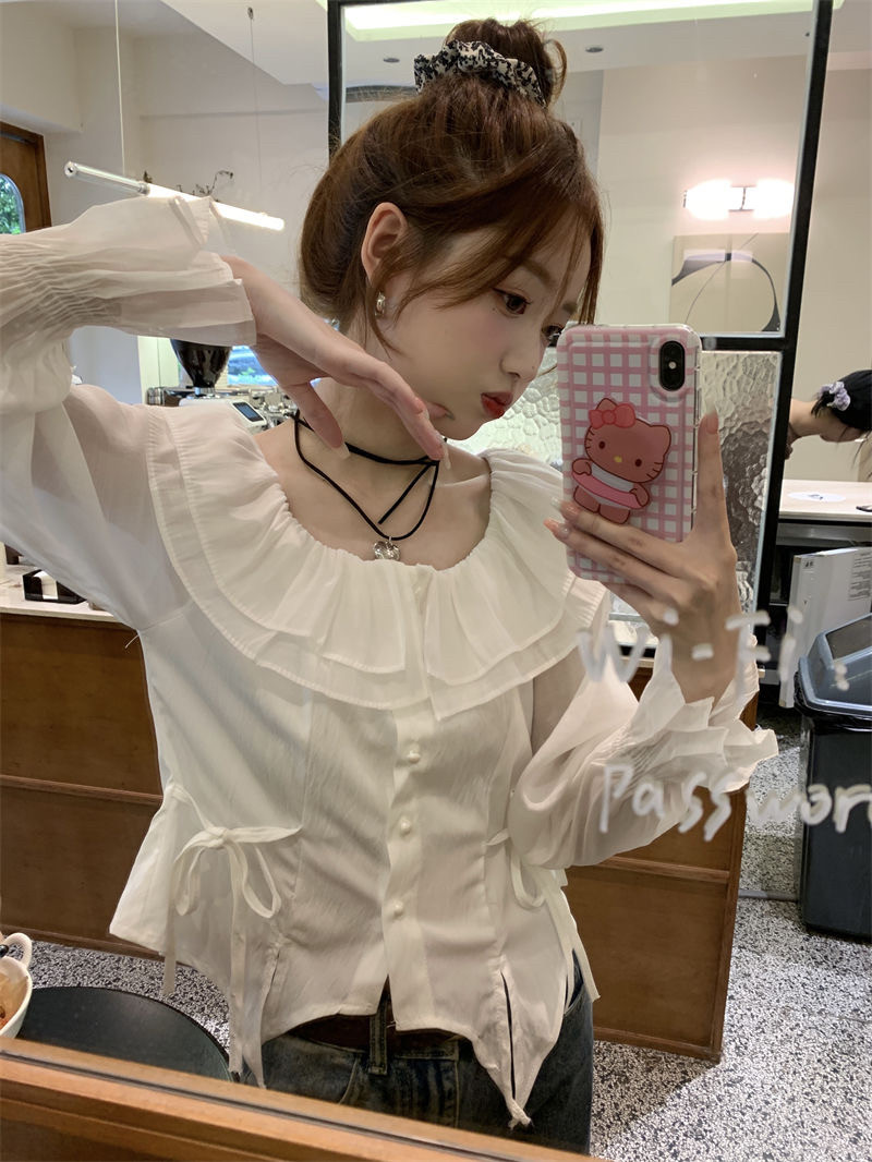 收腰显瘦娃娃领衬衫温柔甜美减龄法式设计感喇叭袖上衣春秋款薄款