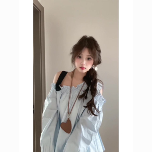 好适合夏天!!!【木耳边】甜美斜肩撞色长袖衬衫女INS宽松露肩衬衣