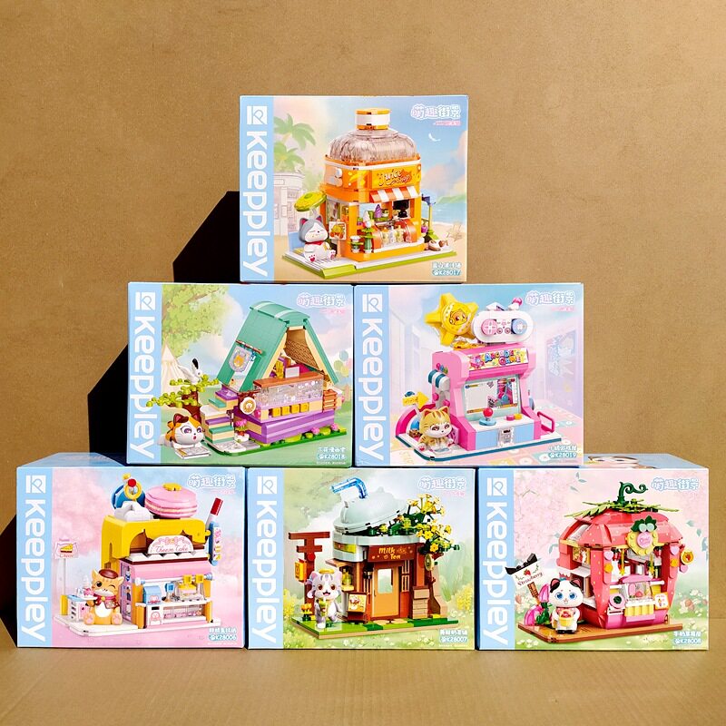 启蒙积木萌趣街景肥宅猫果汁铺K28006动物城镇拼装房子女生日礼物