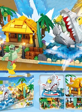 巨象JX90164僵尸巨浪沙滩儿童益智小颗粒拼插装积木男孩玩具8拼装