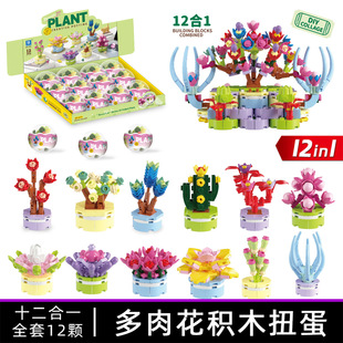 品格K58小颗粒积木花多肉盆栽桌面摆件DIY创意拼搭积木扭蛋小植物