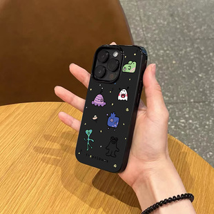 ins卡通可爱小怪兽插画手机壳适用苹果17promax新款iphone15亮黑色14pro磨砂超薄13硅胶12男女16全包防摔软壳