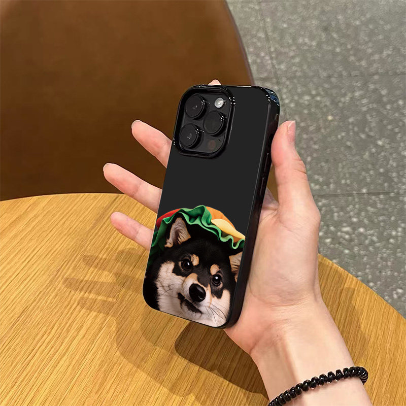 ins趣味汉堡黑柴犬手机壳适用苹果17promax新款iPhone16pro亮黑色15磨砂轻薄14男女13卡通12小众11全包软壳