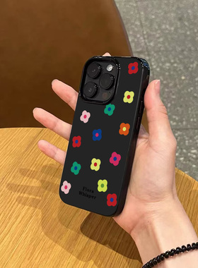 日韩ins风彩色花朵手机壳适用苹果17promax新款iphone15亮黑色14pro磨砂13透明12女款11全包硅胶16pm防摔软壳