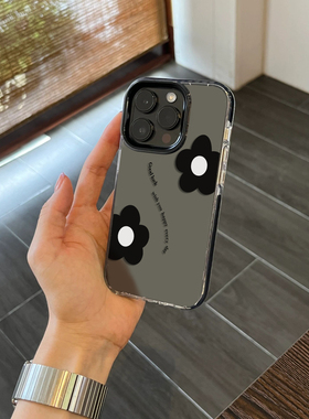 韩风黑色花朵适用苹果17promax不会撞壳的手机壳新款iPhone15透明11黑边条12全包硅胶16pm创意14个性13防摔壳