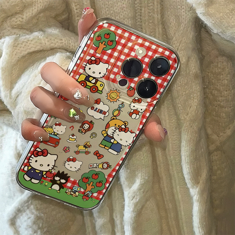 适用苹果手机壳红格子kt猫