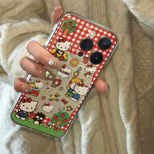 ins可爱红格子猫咪适用苹果17promax不会撞壳手机壳新款iPhone16pro硅胶13小众高级感14透明15防摔全包软壳