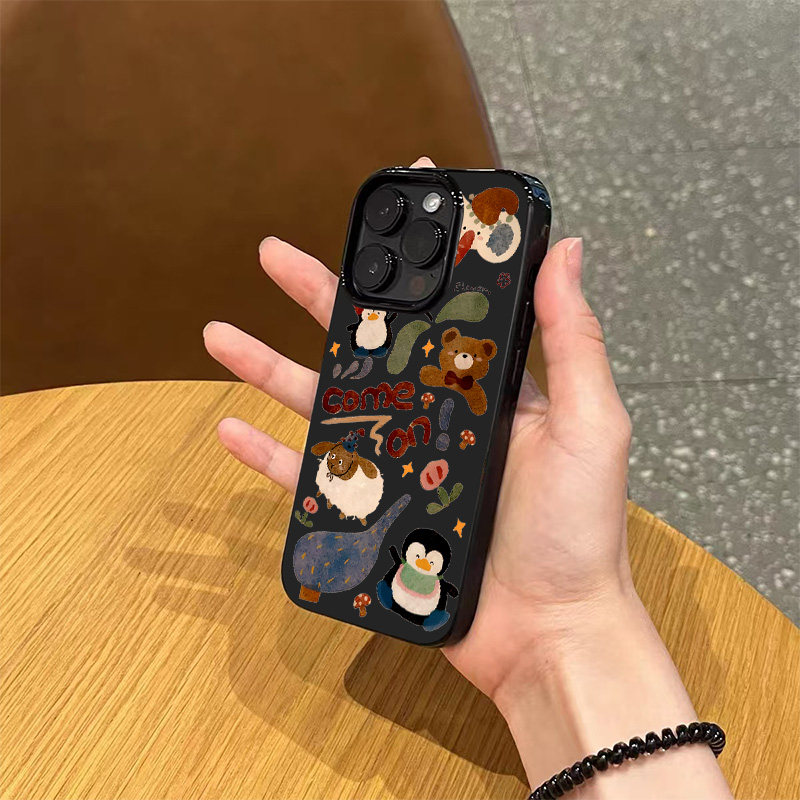ins日韩可爱卡通涂鸦企鹅手机壳适用苹果17promax新款iPhone16亮黑色15pro硅胶13磨砂薄款14情侣12全包防摔壳