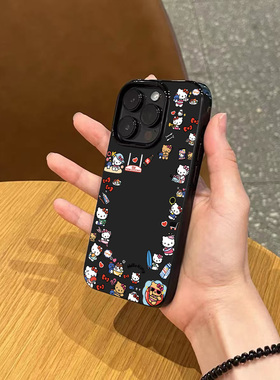 日韩ins简约少女可爱hellokitty猫咪手机壳适用苹果17promax新款iPhone16亮黑色17pro硅胶13磨砂12全包15防摔