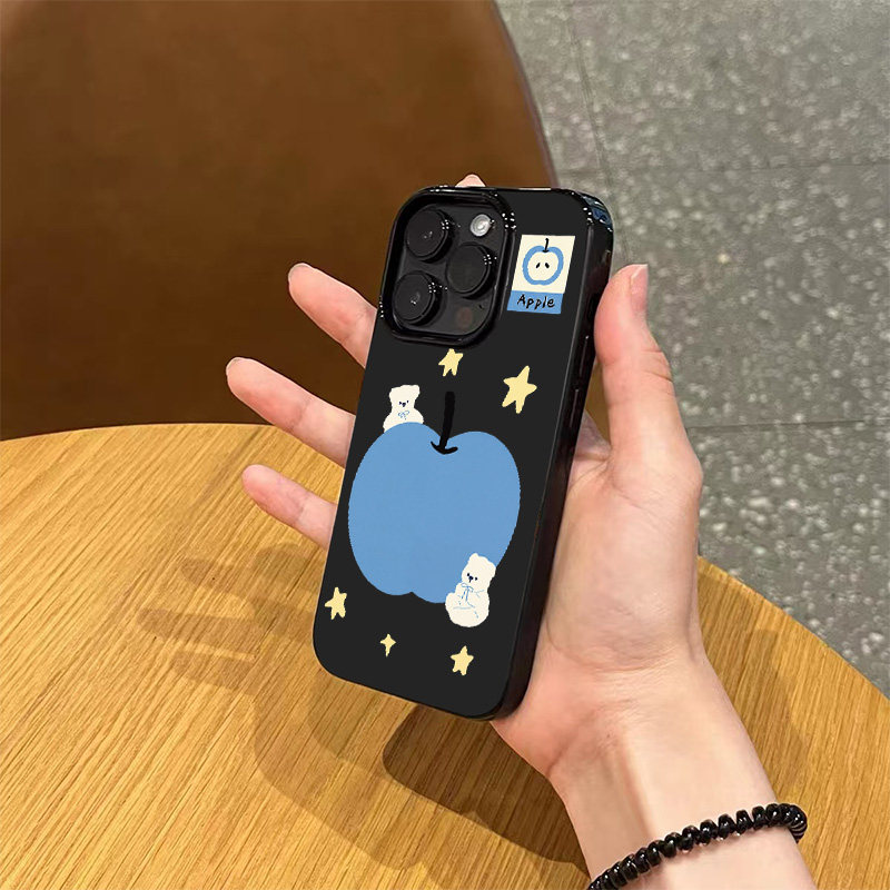 韩系ins星星蓝色苹果小熊手机壳适用苹果17promax新款iPhone16亮黑色15pro磨砂薄款14女13硅胶12软壳11防摔套