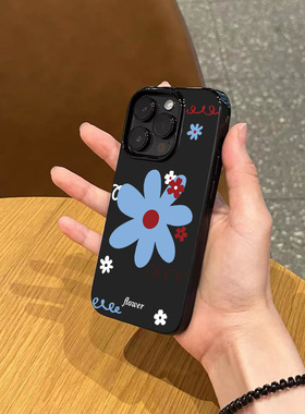 ins夏日小众简约蓝色花朵手机壳适用17promax新款iPhone15亮黑色14pro磨砂13硅胶12高级感11女16全包防摔软壳