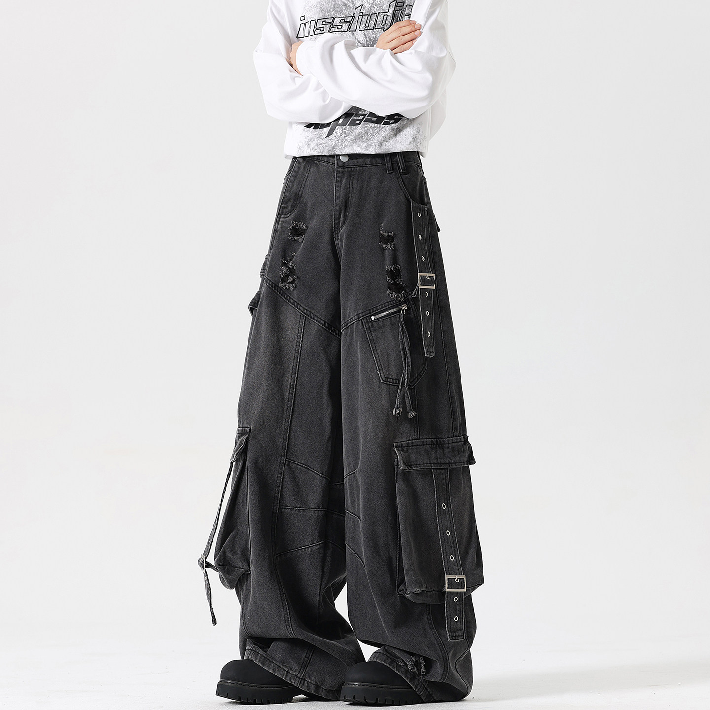 thumbnail for American-Style Heavy-Duty Multi-Pocket Black Workwear Jeans for Men and Women, Deconstructed Ripped Washed Slimming Wide-Leg Floor-Length Pants
