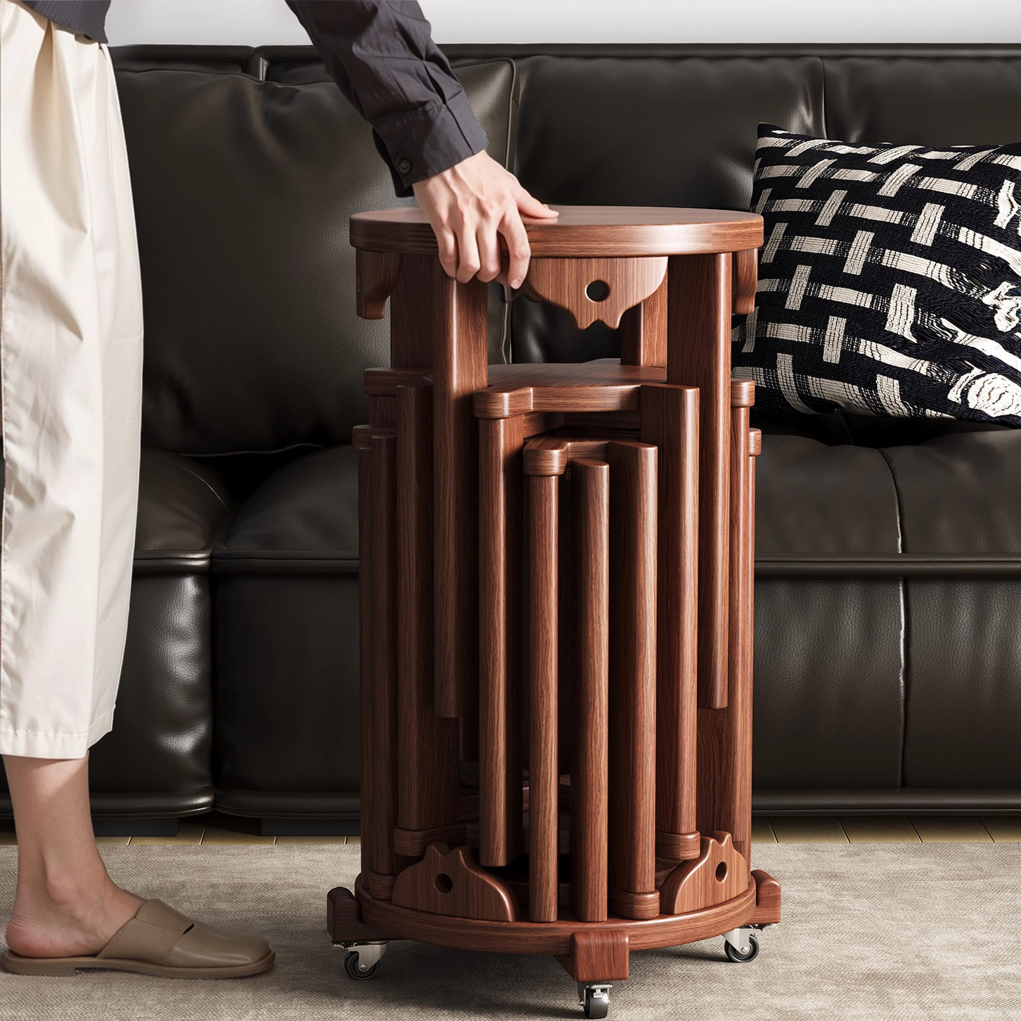 实木凳子可叠放家用叠叠乐客人备用凳带滑轮收纳堆叠凳中古风圆凳