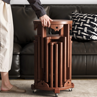 实木凳子可叠放家用叠叠乐客人备用凳带滑轮收纳堆叠凳中古风圆凳