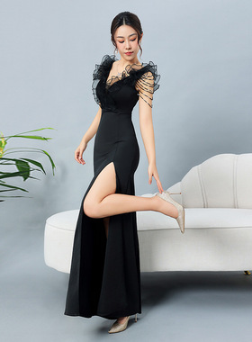 红色晚礼服女2024新款高级感重工高端气质小众宴会深v领鱼尾高定