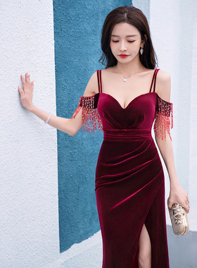 红色重工晚礼服女2024新款高级感流苏性感高端气质鱼尾高定主持人