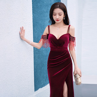 红色重工晚礼服女2026新款高级感流苏性感高端气质鱼尾高定主持人