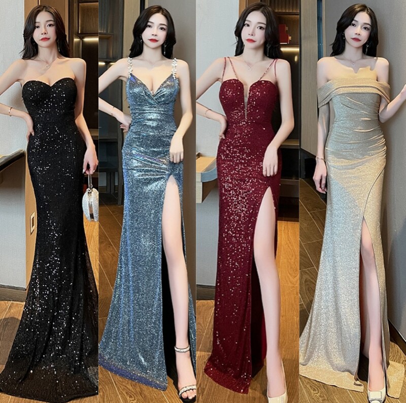 KTV佳丽晚礼服性感开叉拖地吊带宴会长裙夜店低胸露背夜总会制服