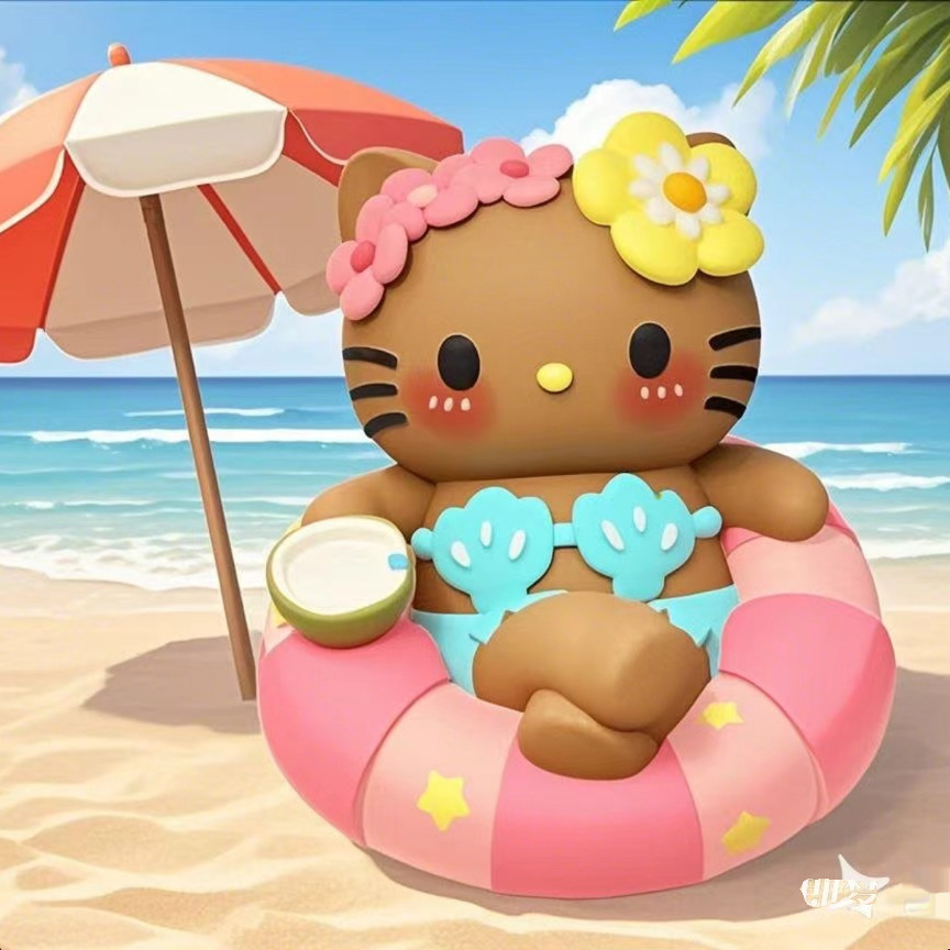 三丽鸥HelloKitty泳圈沙滩凯蒂猫公仔桌面装饰车载办公室车内摆件