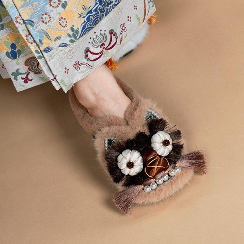 冬季手工虎头鞋平底毛口保暖拖鞋