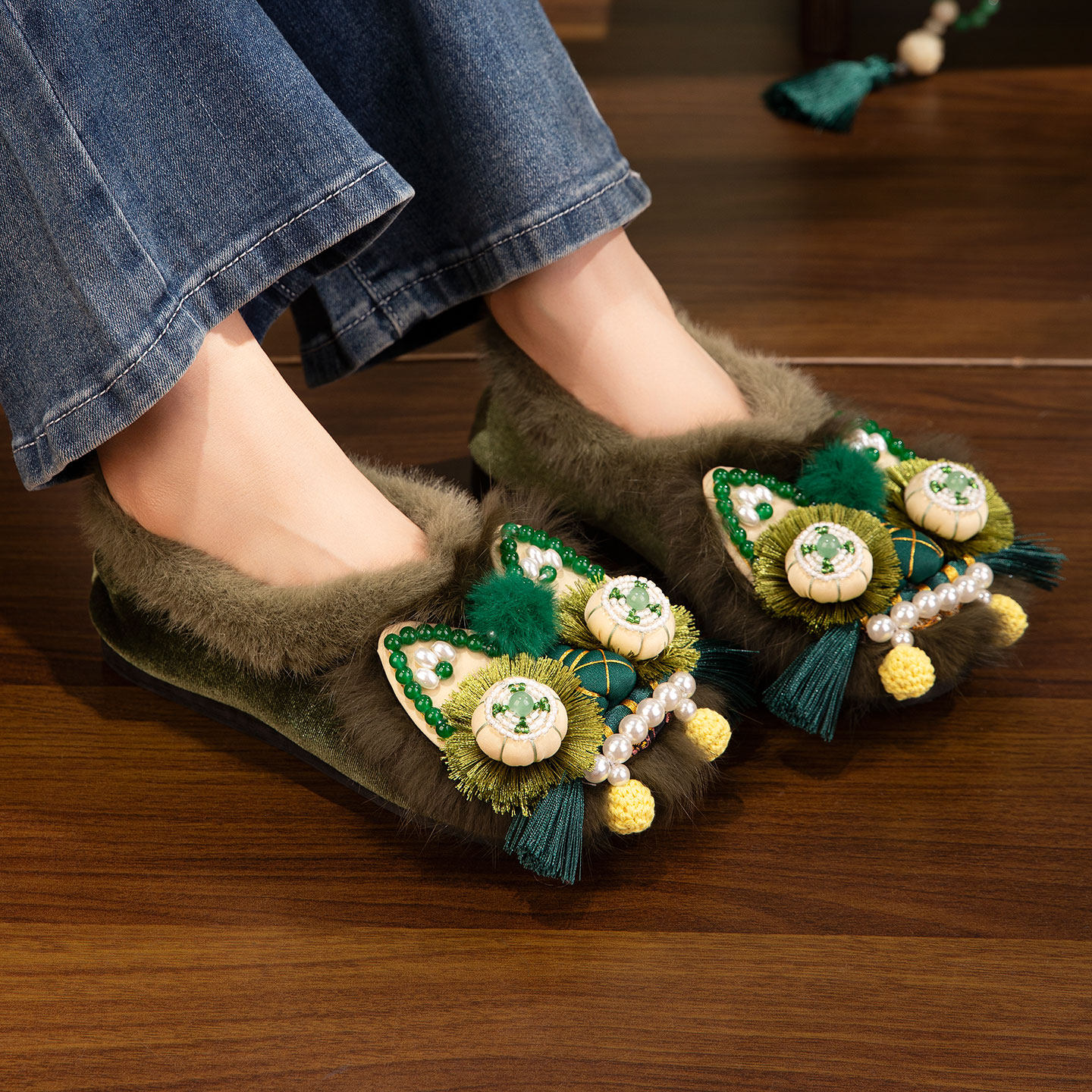 冬季国风虎头鞋女成人纯手工新中式绣花鞋软底加绒保暖民族风棉鞋