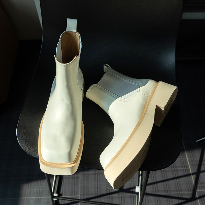全牛皮白色切尔西靴2024冬季新款