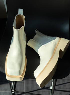 全牛皮白色切尔西靴2025冬季新款厚底高跟方头男士短靴松紧带靴子